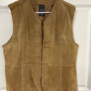 Outbrook Women’s size XL tan suede leather vest with floral embroidery